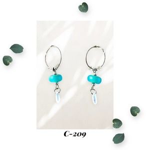 Bali Blue Glass Beaded Iridescent Silver Hoop Dangle Earrings